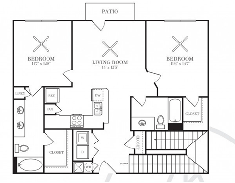 Floor plan for 2 beds, 2 baths, 1117 sqft